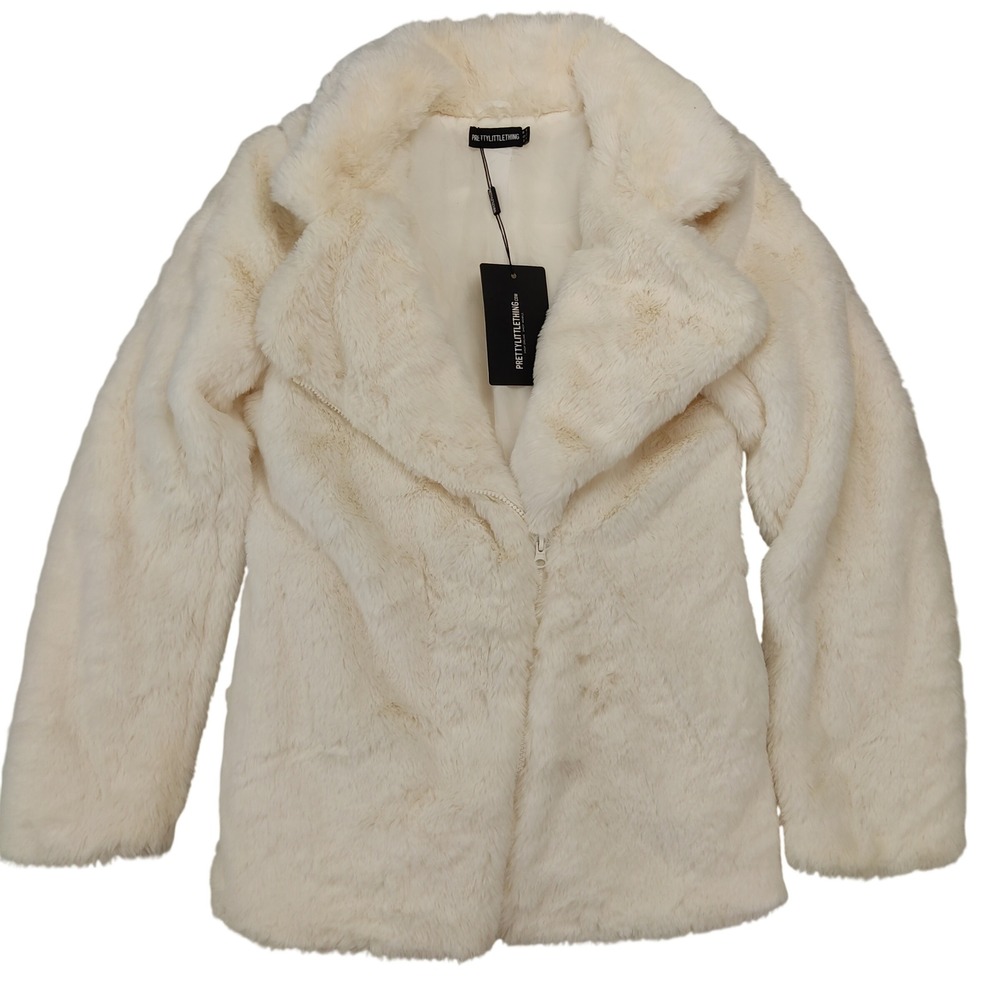 PrettyLittleThing Biker Jacket Women 2 Cream Soft Faux Fur Moto Asymmetrical Zip